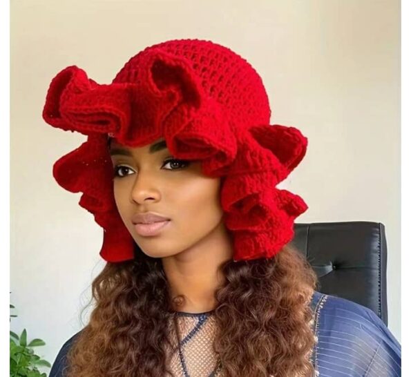 Solid color ruffled Crochet wool Bucket hat with ruffled edges