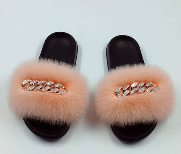 Fox Fur slippers for wome. Large size flat racoon plush sandals flip flops